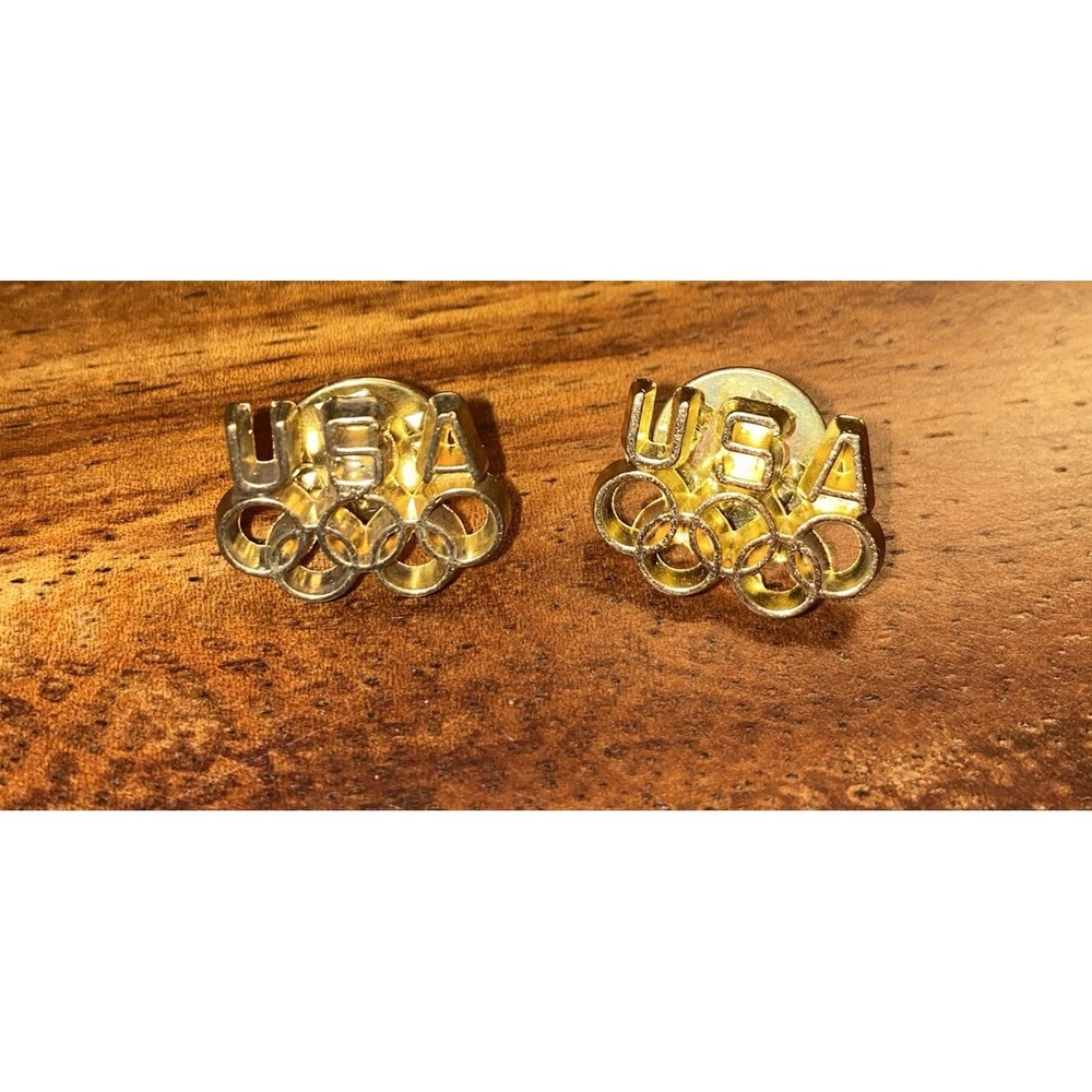 2 Small Vtg "USA" Olympics Team Gold Toned Rings Collectible Brooch / Pin-Backs